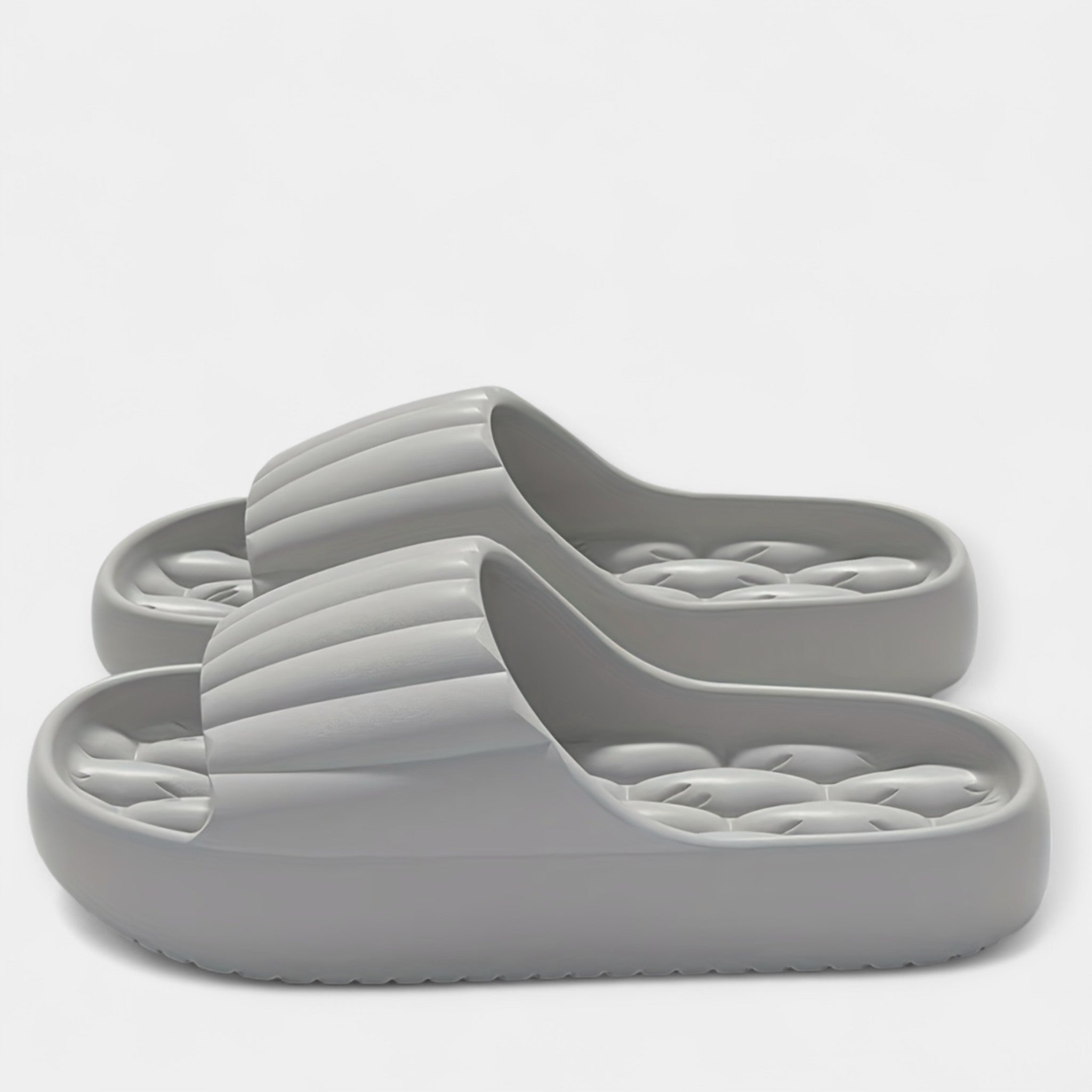 All-season slippers, gray molded slip-on slides with textured footbed and wide strap