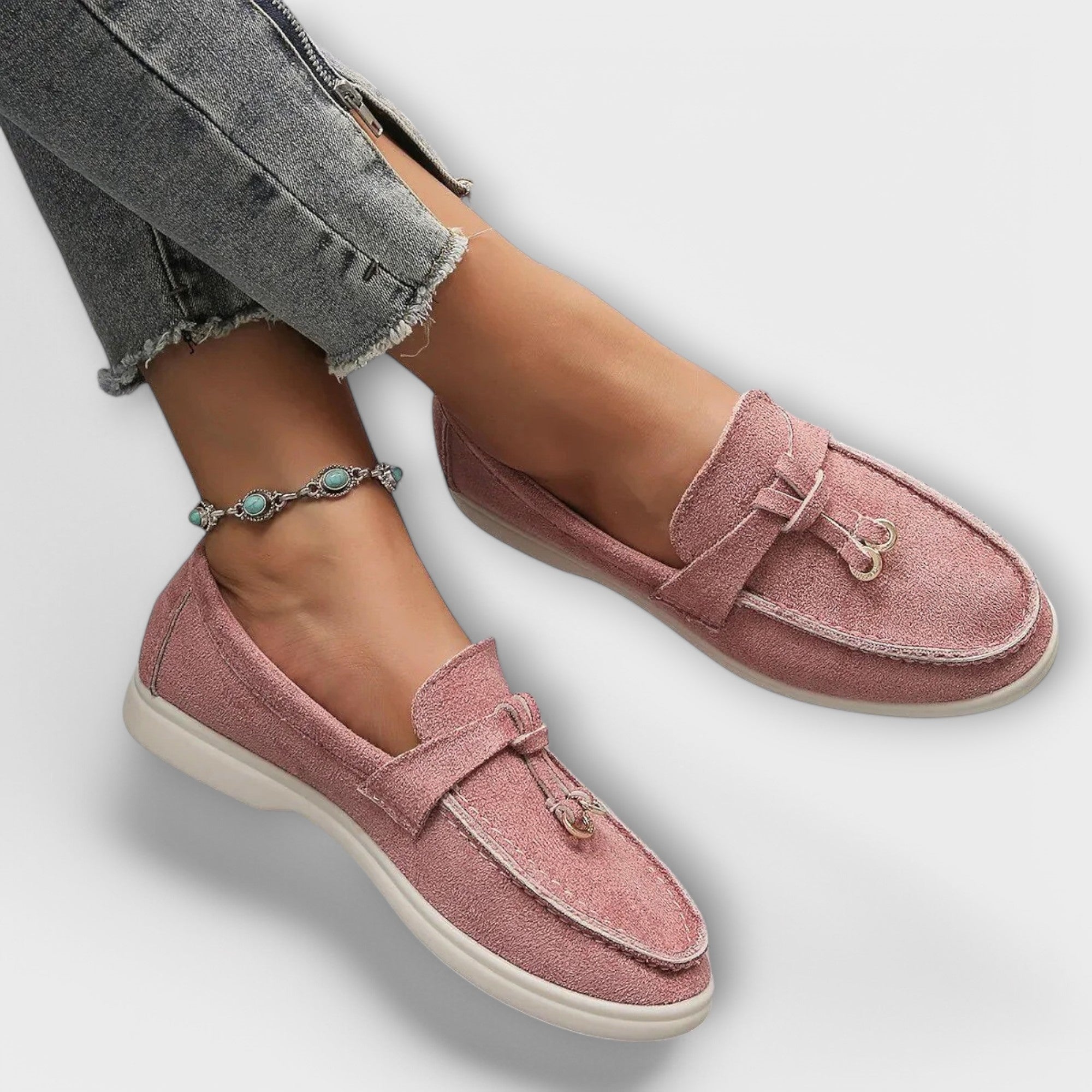 Nefeli dusty rose suede moccasins with tie tassel detail, on feet