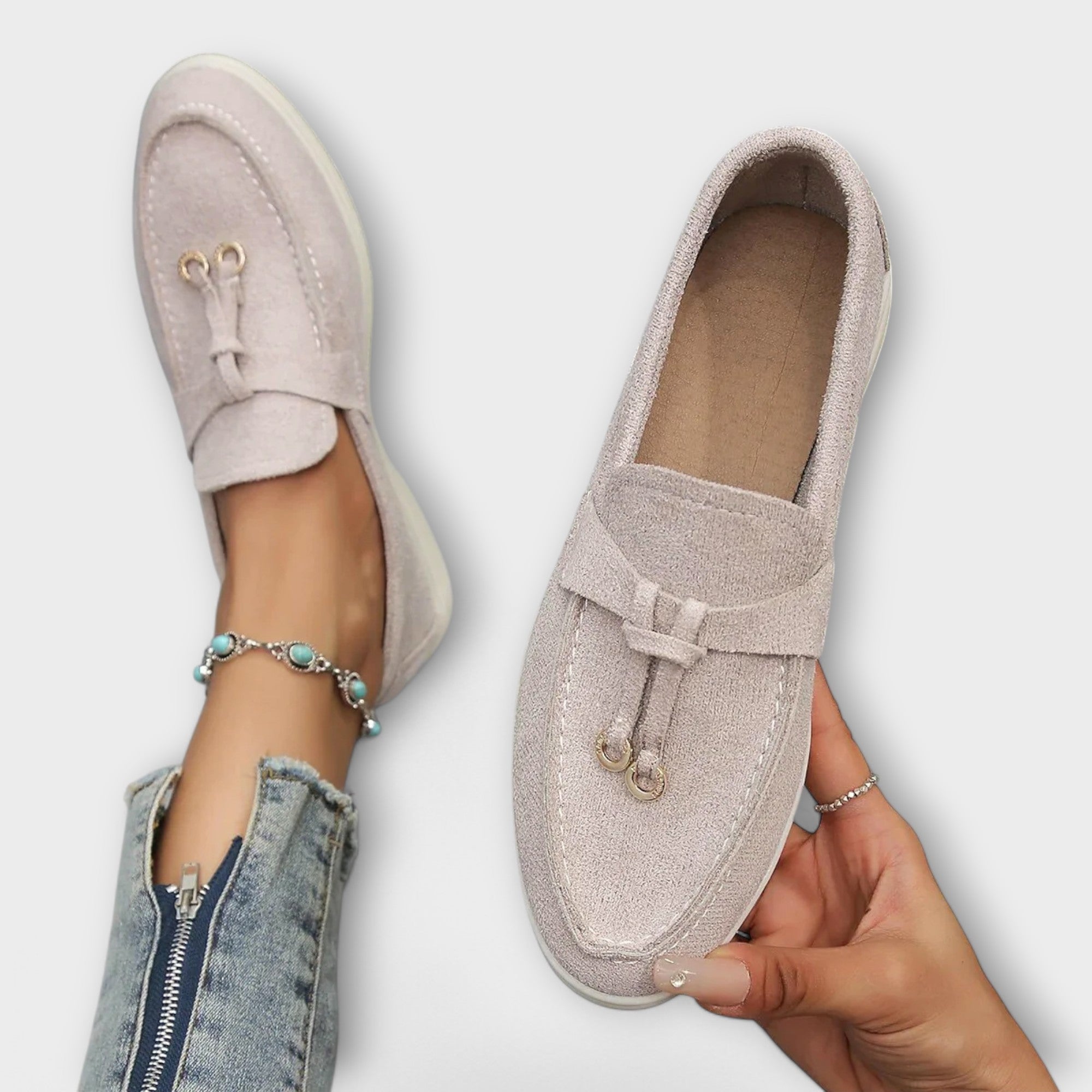 Nefeli light beige suede moccasins, side and open interior showing