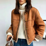 Brown faux-suede jacket with sherpa trim, button front, plush collar and cuffs