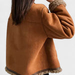 Brown suede coat with shearling-trim collar and scalloped hem