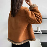 Brown sherpa-lined jacket back with curved hem trim