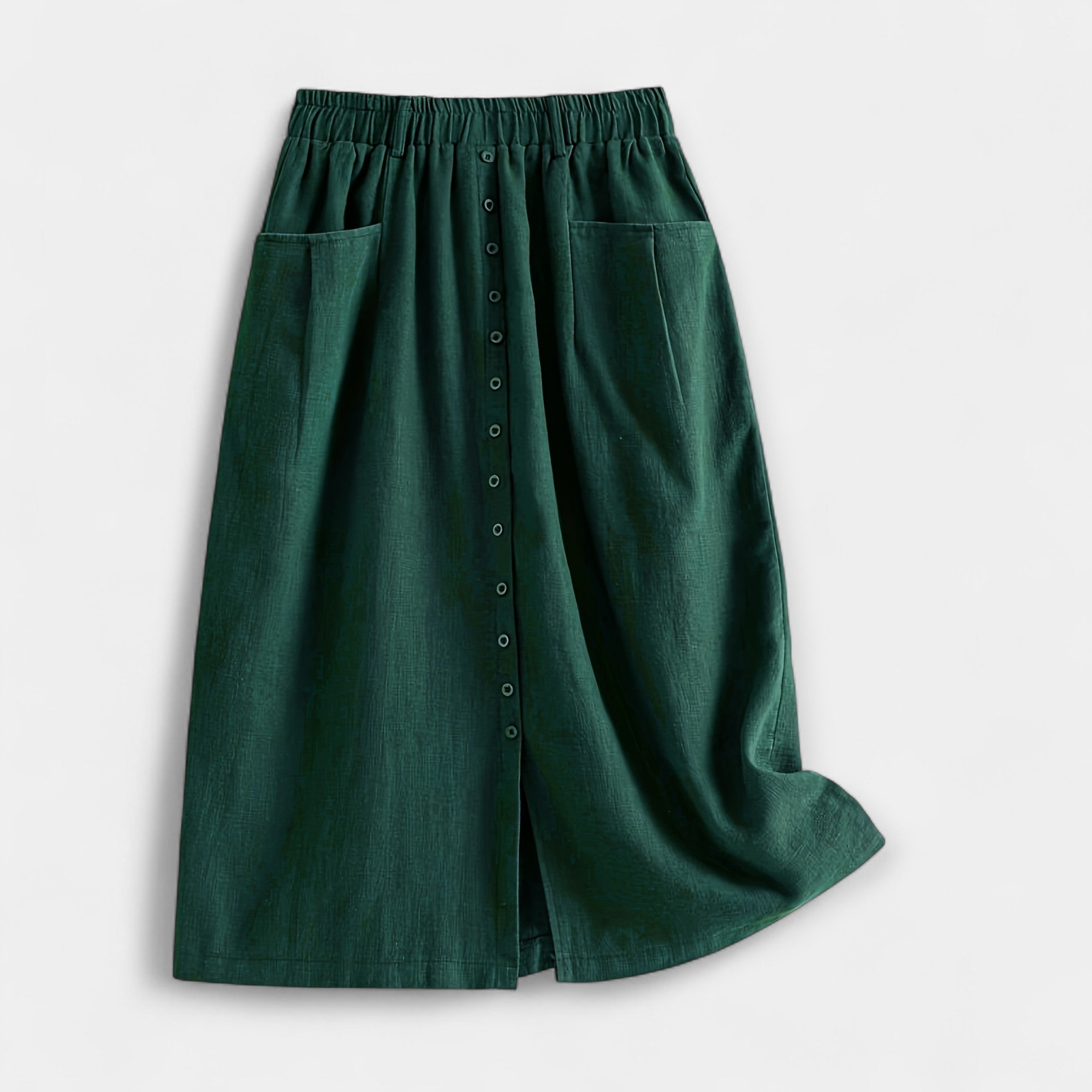 Dark green midi skirt with elastic waistband, front buttons, and side pockets.