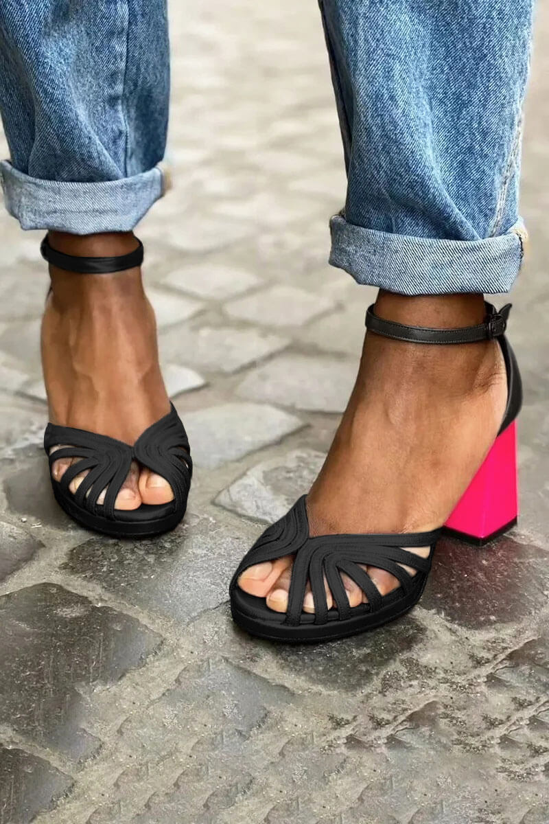 Bi-color ankle-strap sandals, black straps, pink block heel