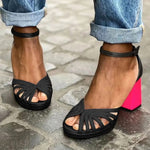 Bi-color ankle-strap sandals, black straps, pink block heel