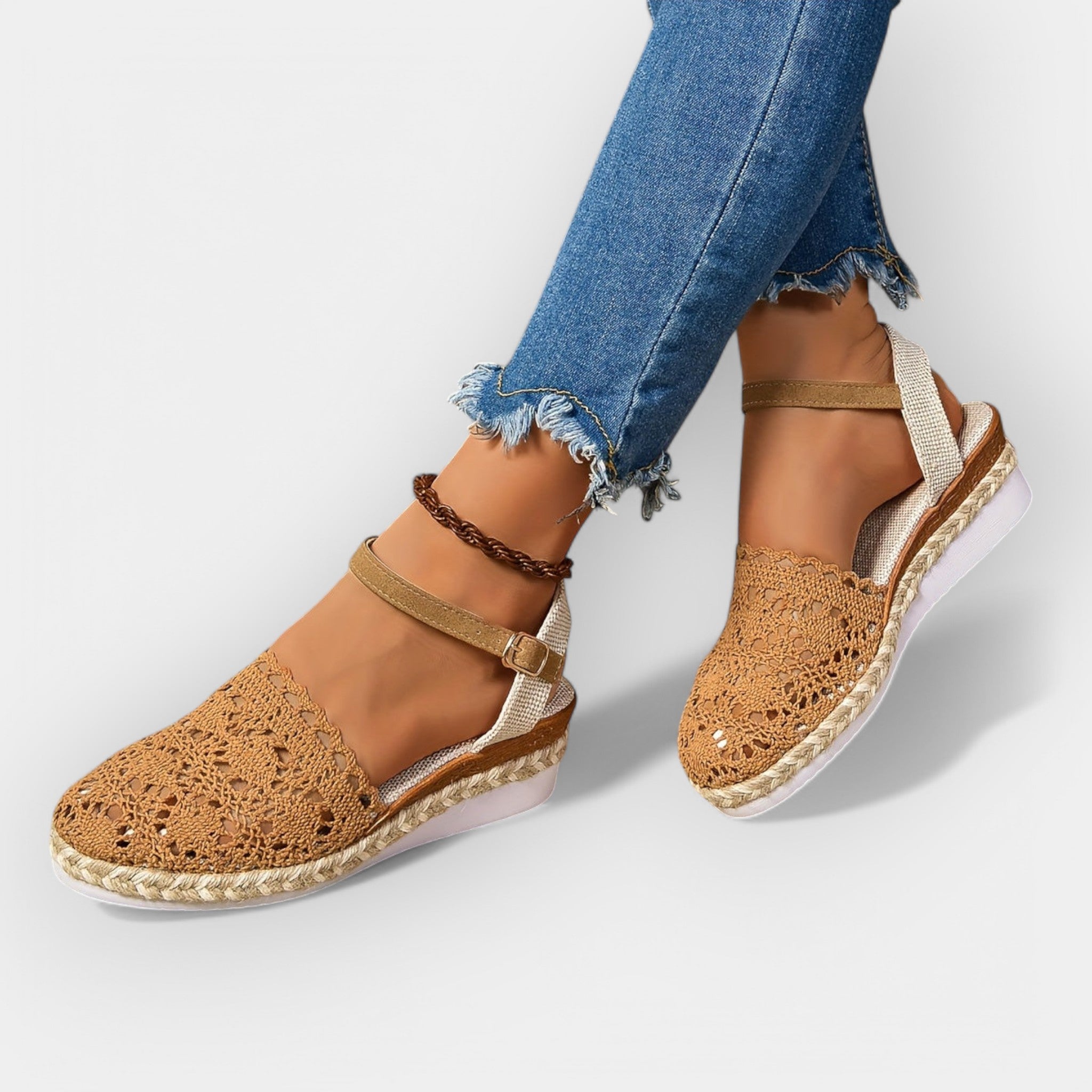 Tan/brown crochet espadrille sandals with ankle strap and buckle, jute trim