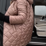 Long hooded puffer coat, light pink, quilted texture, front zipper