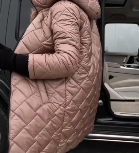 Long hooded puffer coat, light pink, quilted texture, front zipper