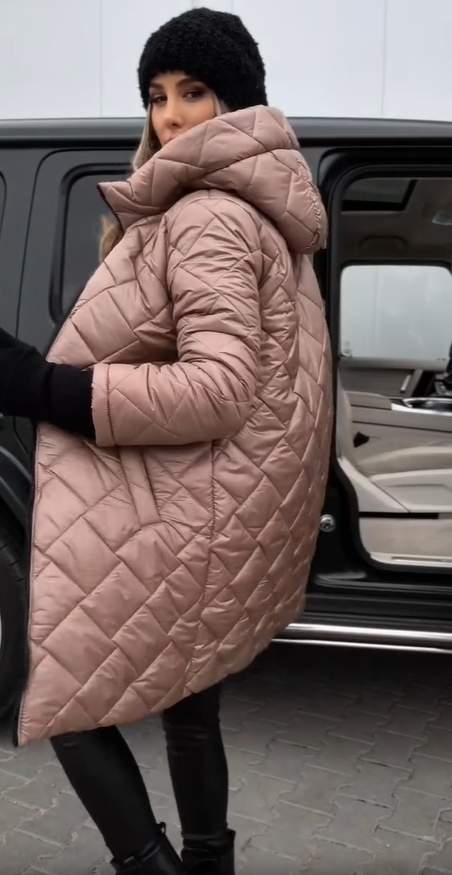 Long hooded puffer coat, light pink, quilted texture, front zipper