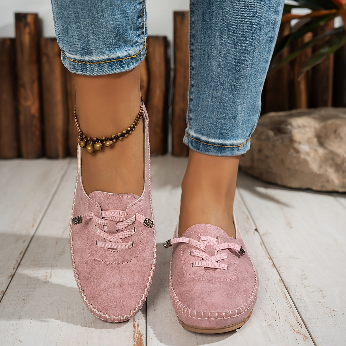 Pink suede-look lace-up slip-on loafer shoes with stitched edge and tread sole
