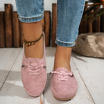 Pink suede-look lace-up slip-on loafer shoes with stitched edge and tread sole
