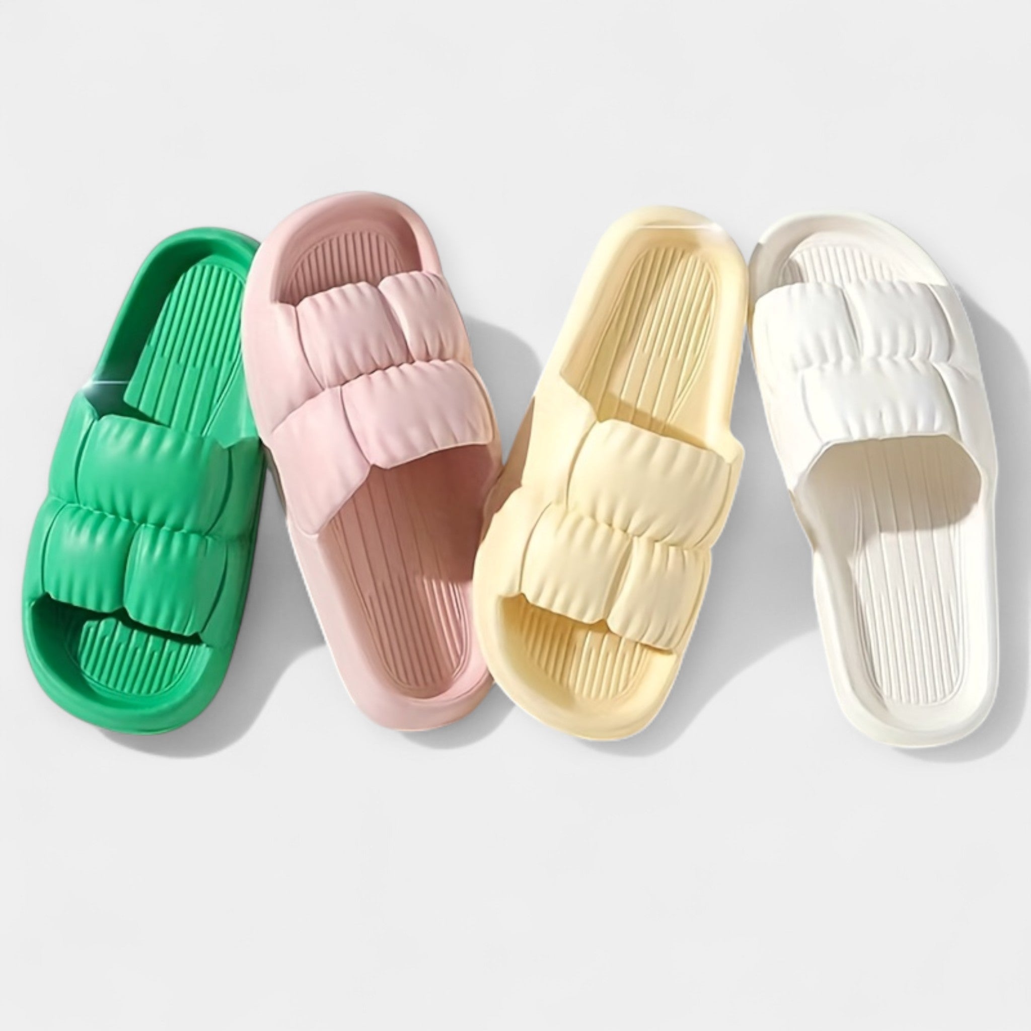 Set of lightweight slide sandals in green, pink, yellow, and white, padded straps