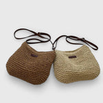 Set of two woven crescent shoulder bags: dark brown and light beige with straps