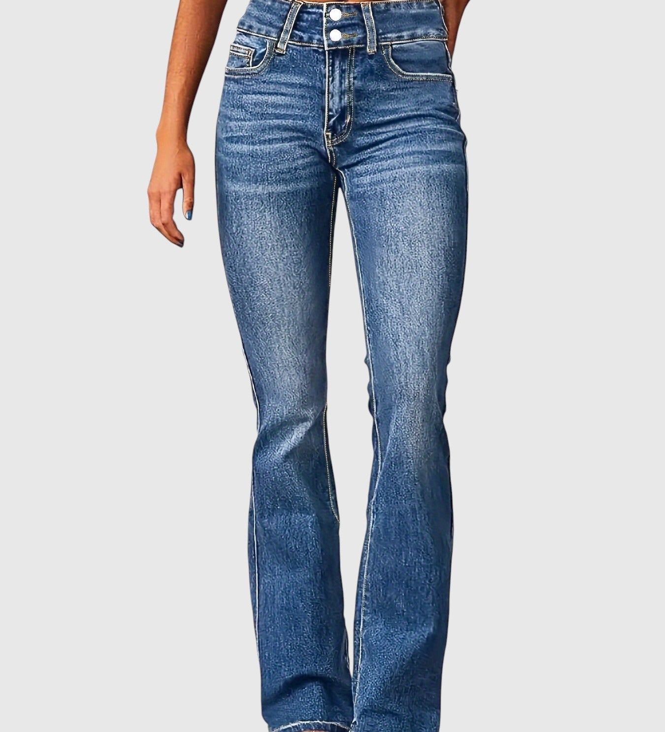 High-waisted slim-fit blue jeans with button fly, belt loops, five pockets