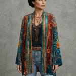 Boho artistic jacket, open-front kimono style with multicolor vertical stripes and long sleeves