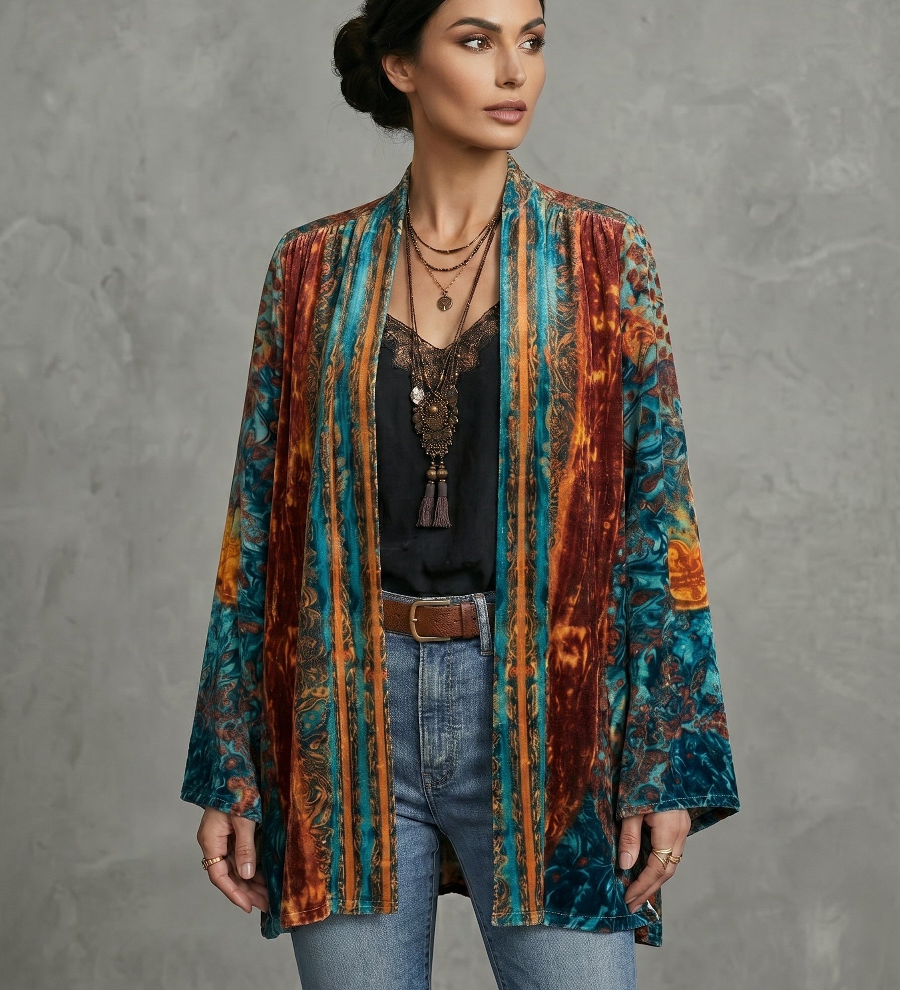 Boho artistic jacket, open-front kimono style with multicolor vertical stripes and long sleeves