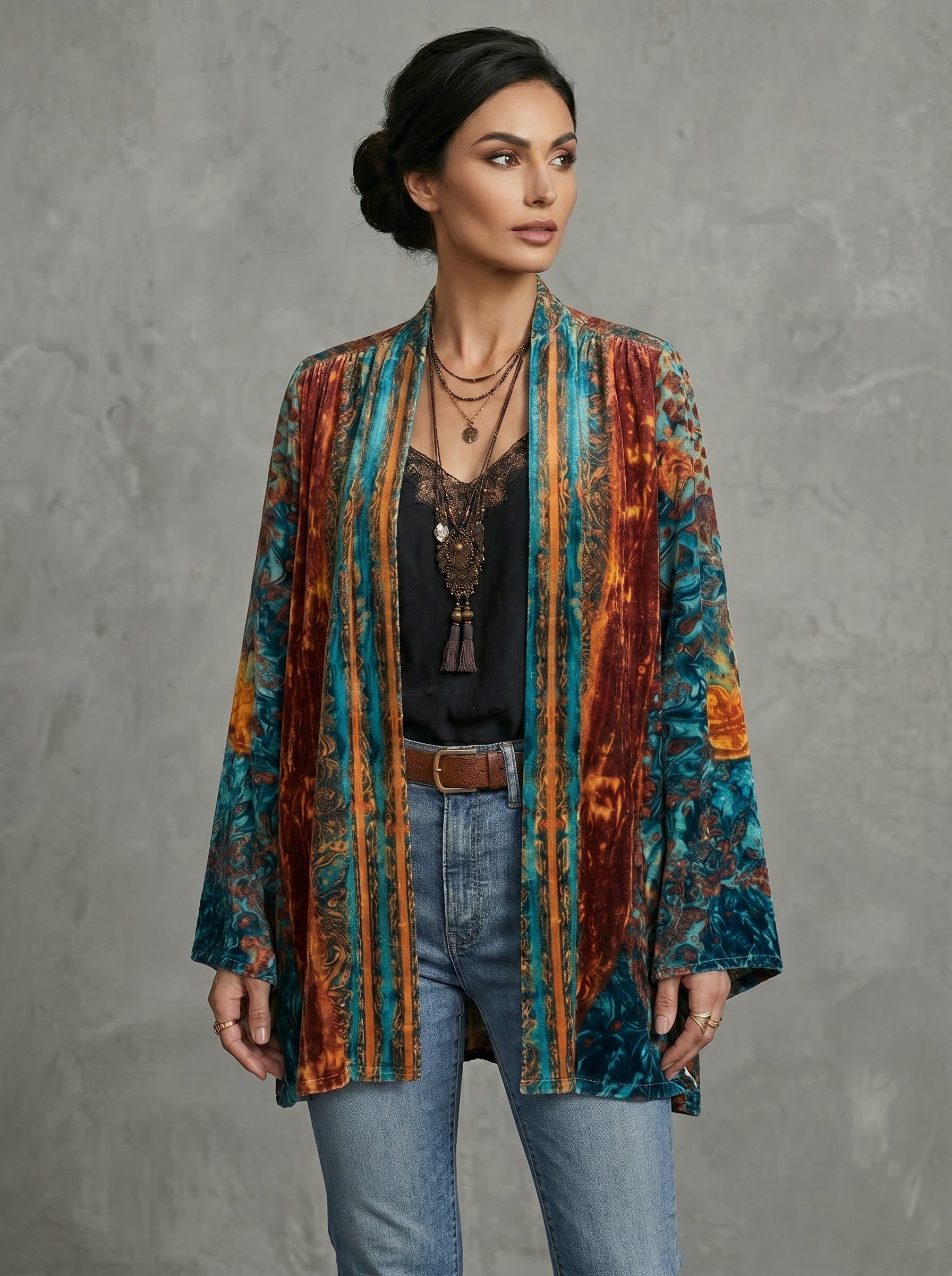 Boho artistic jacket, open-front kimono style with multicolor vertical stripes and long sleeves