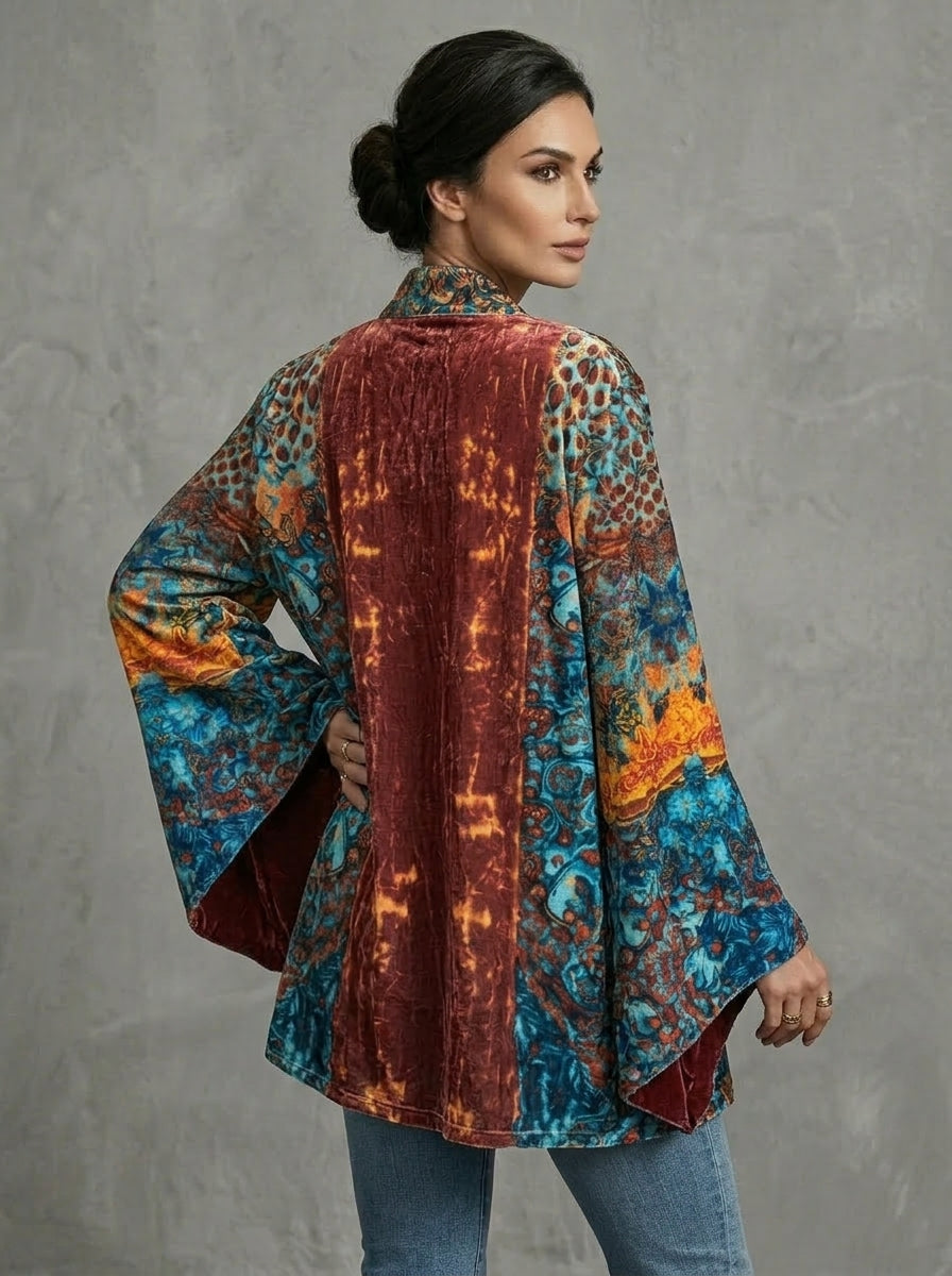 Boho artistic jacket, back view with rust center and teal multicolor print, wide kimono sleeves