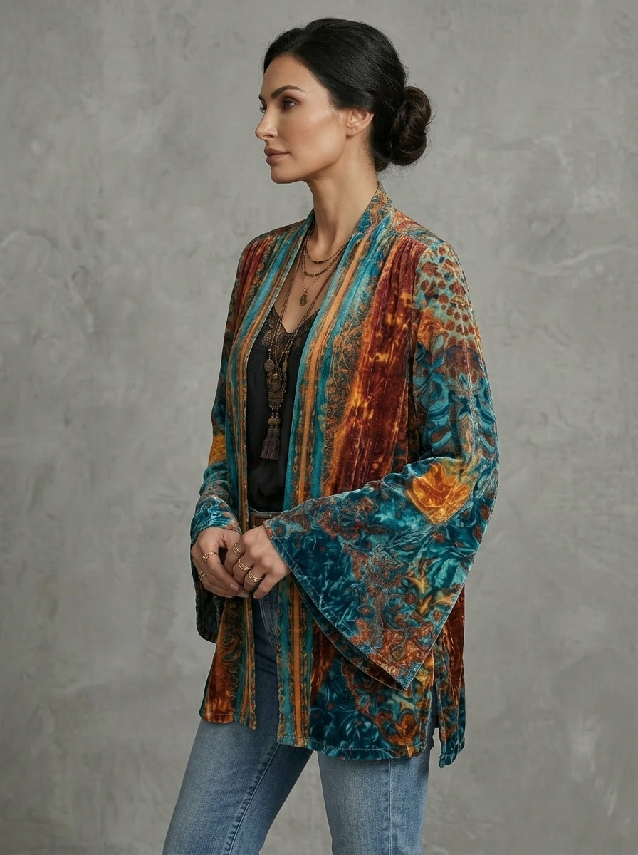 Boho artistic jacket, side view with teal and rust multicolor pattern and loose sleeve cuffs