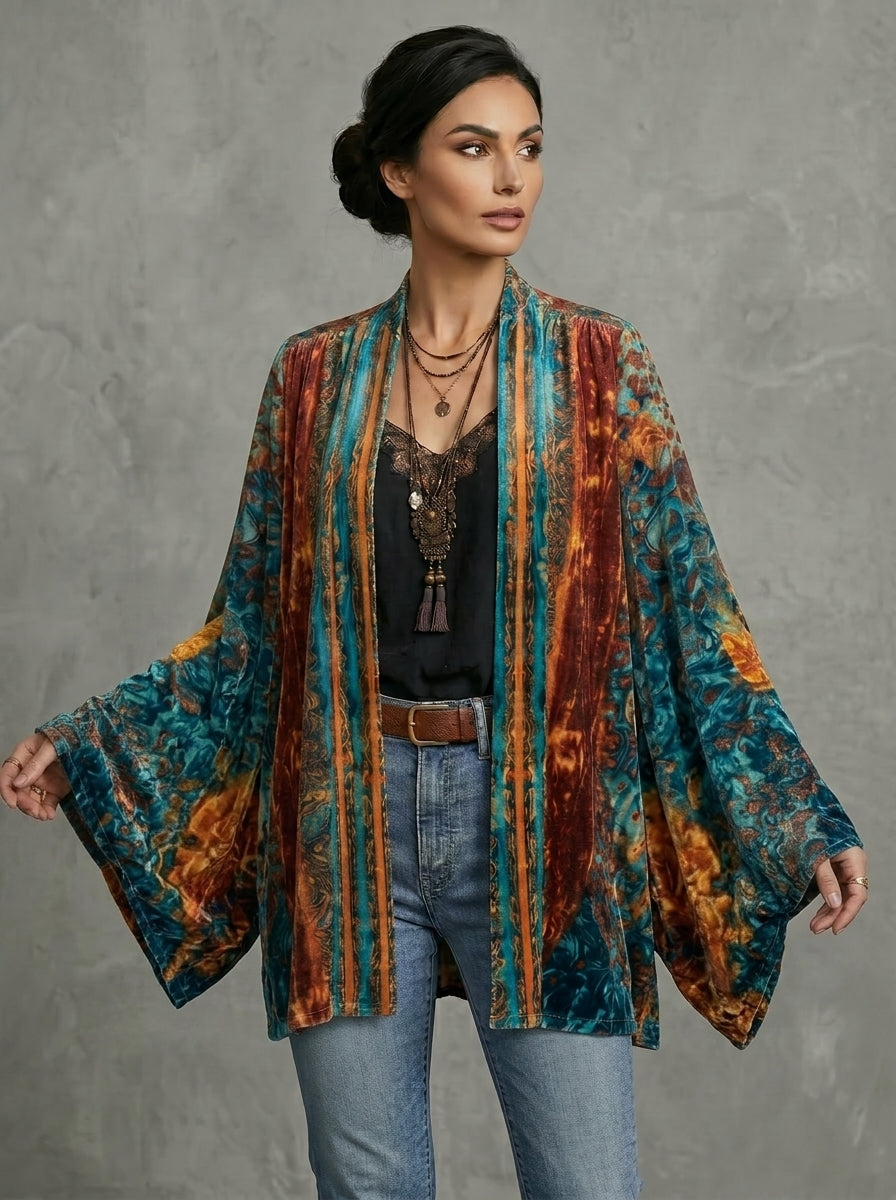Boho artistic jacket, open front with multicolor print, wide sleeves, flowing boho drape