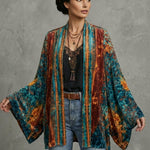 Boho artistic jacket, open front with multicolor print, wide sleeves, flowing boho drape
