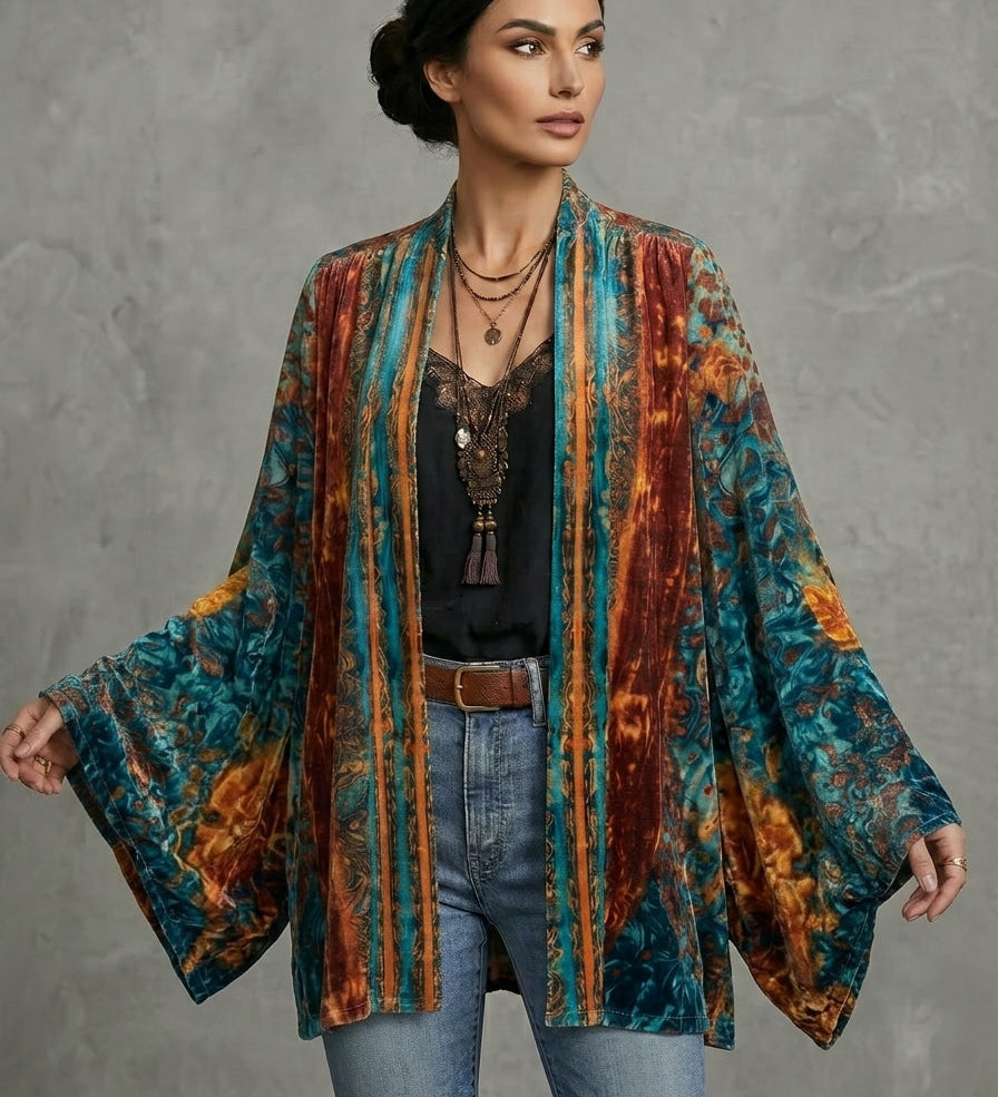Boho artistic jacket, open front with multicolor print, wide sleeves, flowing boho drape