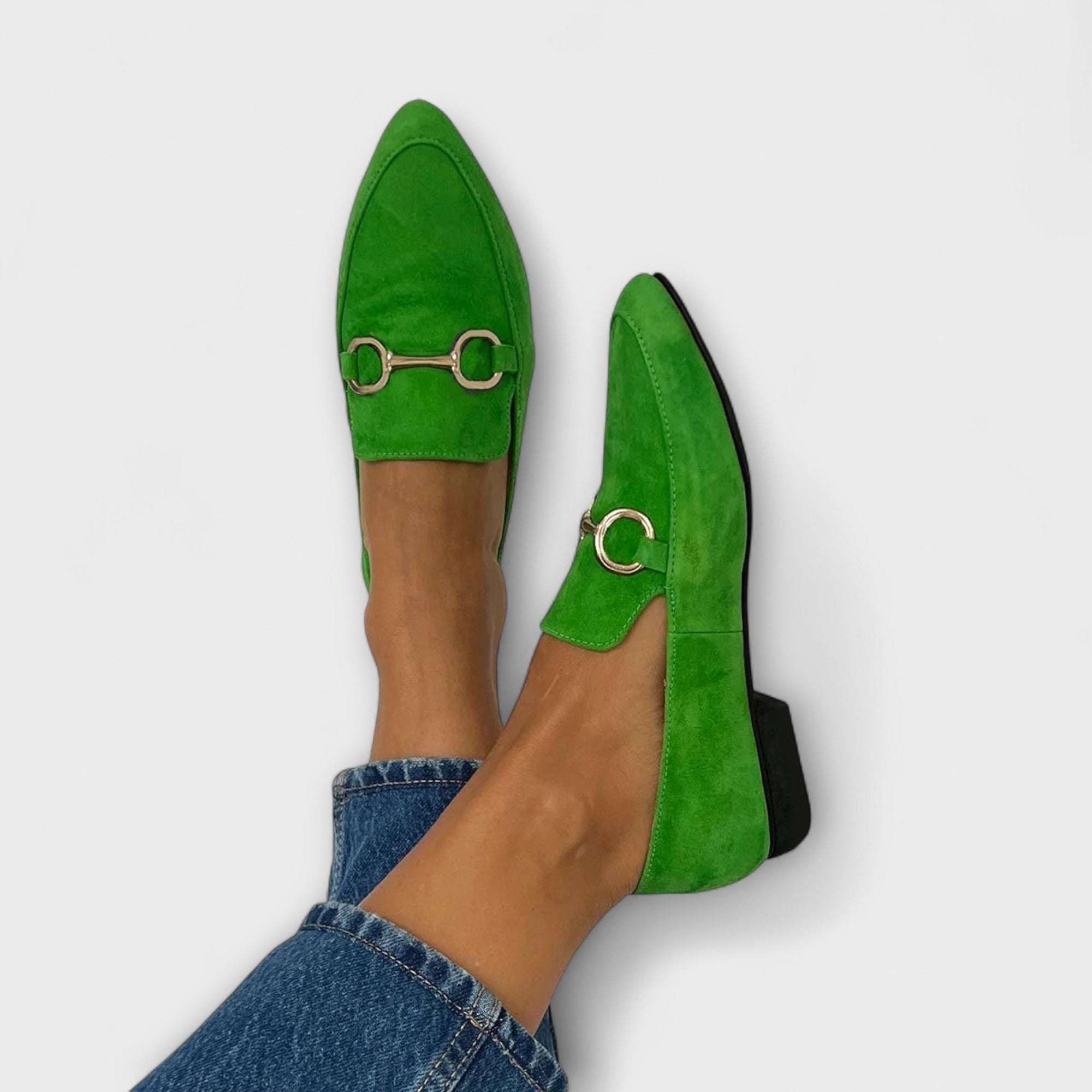 Catalina green slip-on ballet flats with horsebit detail