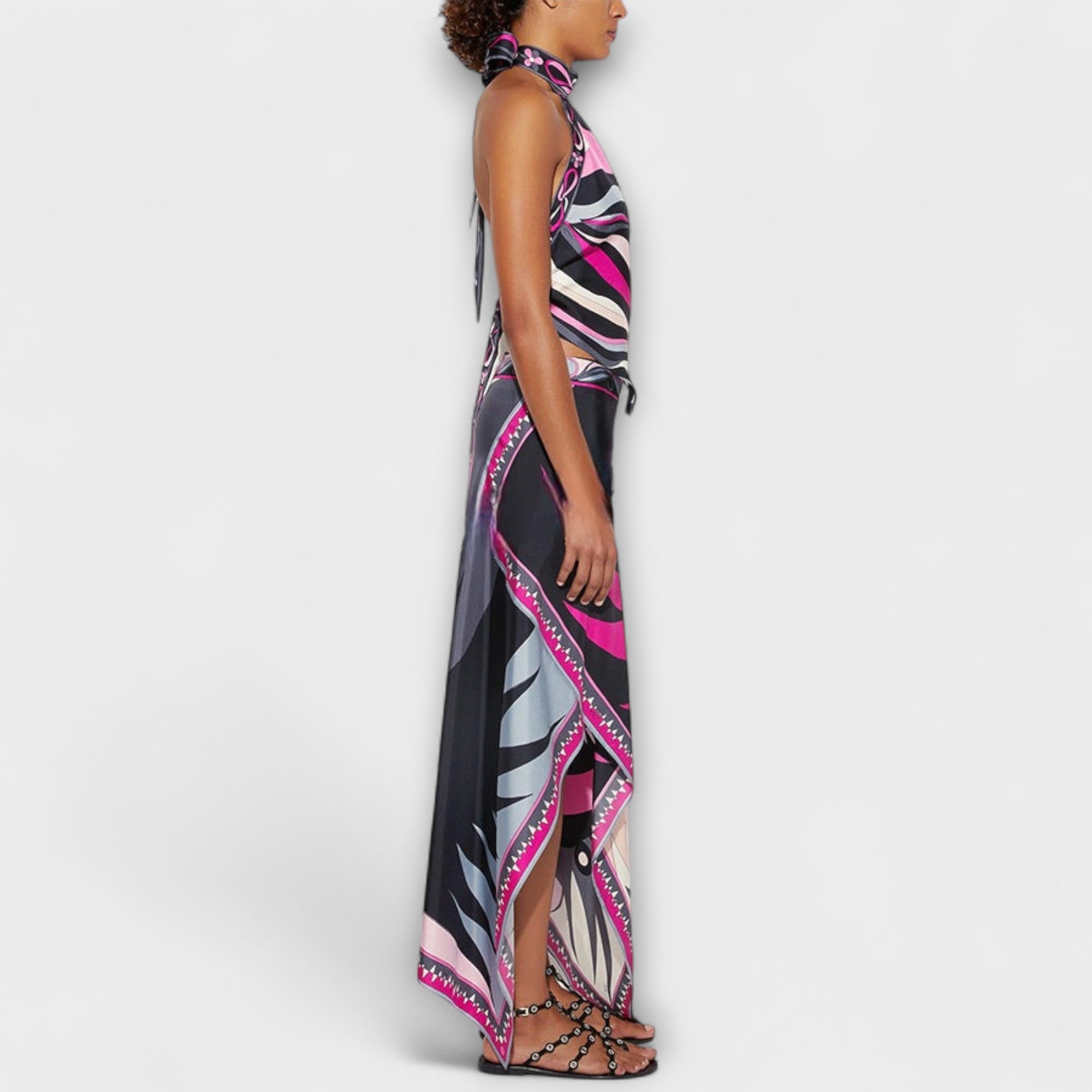 Halter top and asymmetric midi skirt set, side view, black with pink and white abstract print