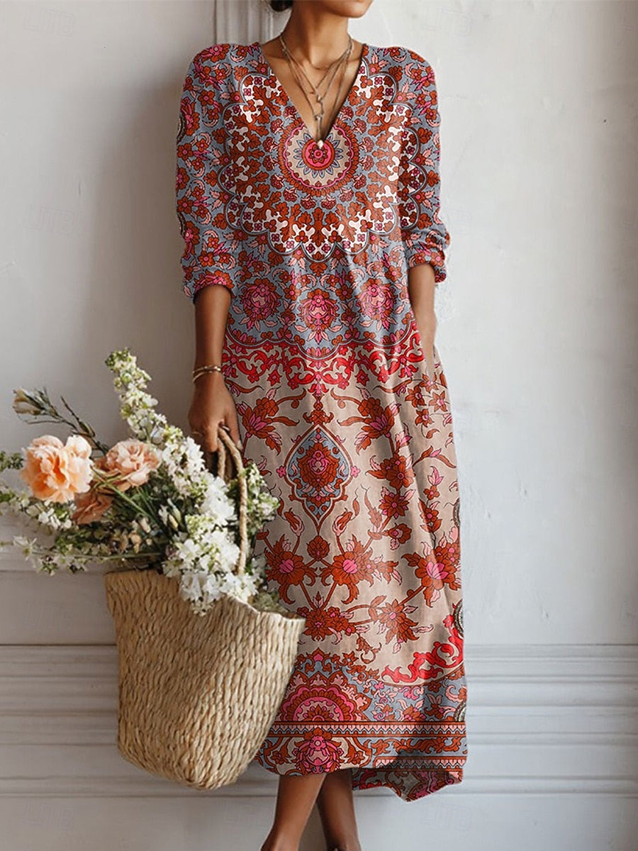 Esra everyday comfort dress, long V-neck with 3/4 sleeves, red blue patterned