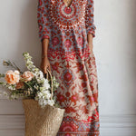 Esra everyday comfort dress, long V-neck with 3/4 sleeves, red blue patterned