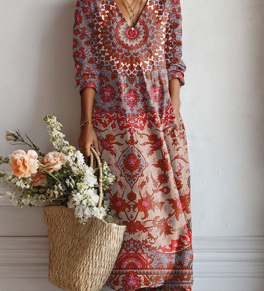 Esra everyday comfort dress, long V-neck with 3/4 sleeves, red blue patterned