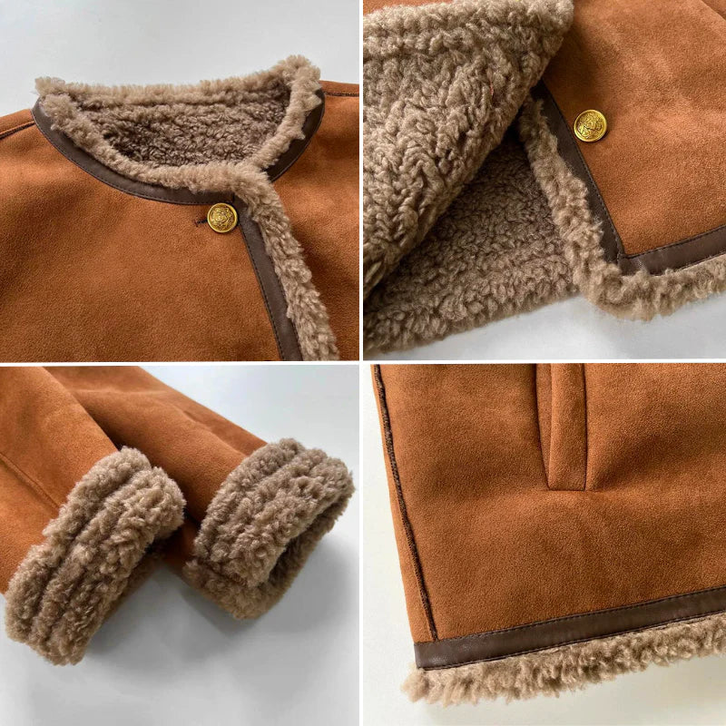 Brown jacket details: sherpa collar, gold button, and fuzzy cuffs