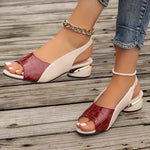 Orthopedic heeled sandals, red croc-texture upper with white side panels and gold heel trim