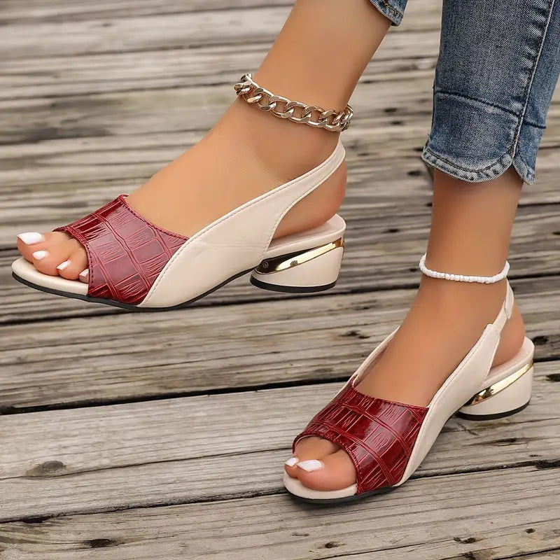 Orthopedic heeled sandals, red croc-texture upper with white side panels and gold heel trim