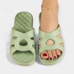Summer vacation platform sandals, olive green slide with circular cutout strap