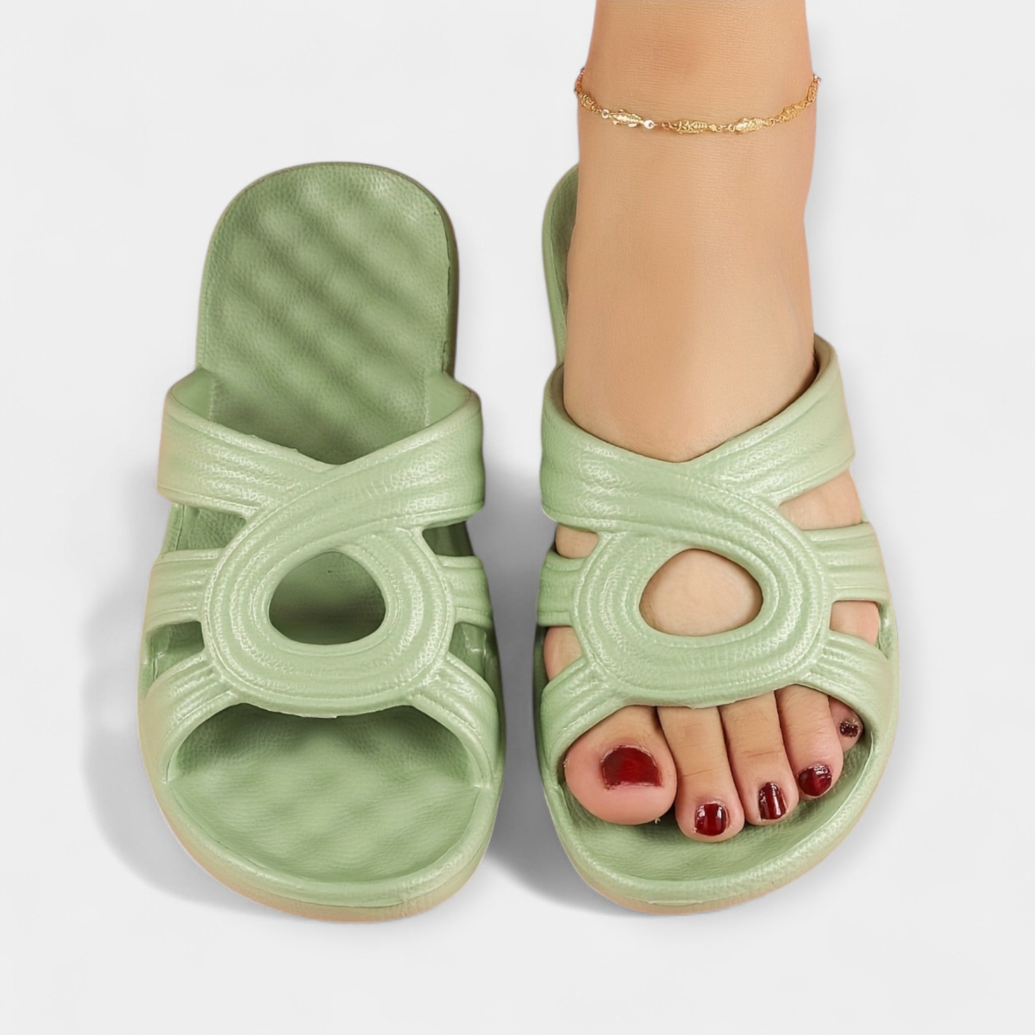Summer vacation platform sandals, olive green slide with circular cutout strap