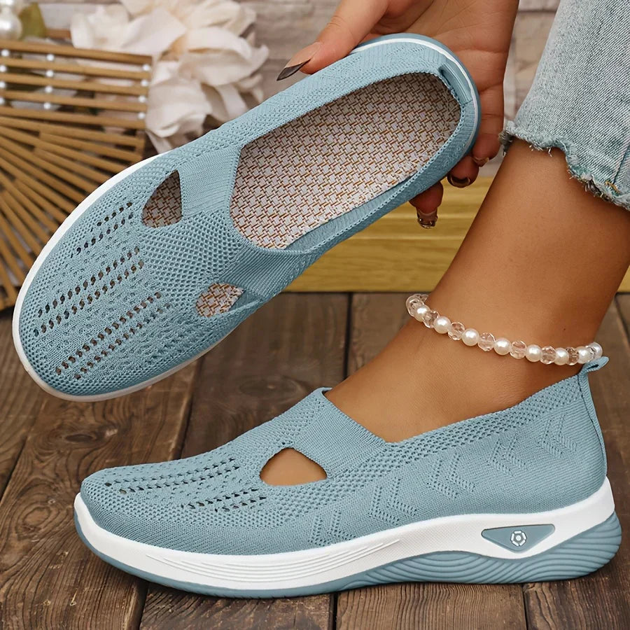 Orthopedic knit slip-on sneakers, light blue perforated upper with padded sole