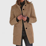 Camel classic button-front coat with notch lapels, long sleeves, and side pockets