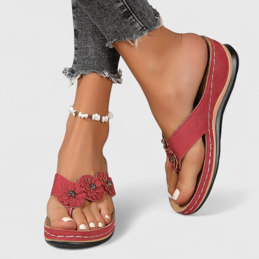 Women's comfort orthopedic sandals, red with floral strap and beaded ankle detail