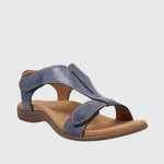 Blue orthopedic sandals with open toe, cushioned footbed, and two strap uppers