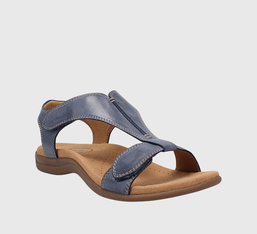 Blue orthopedic sandals with open toe, cushioned footbed, and two strap uppers