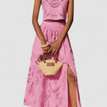Pink lace sleeveless crop top and midi skirt set with front slit