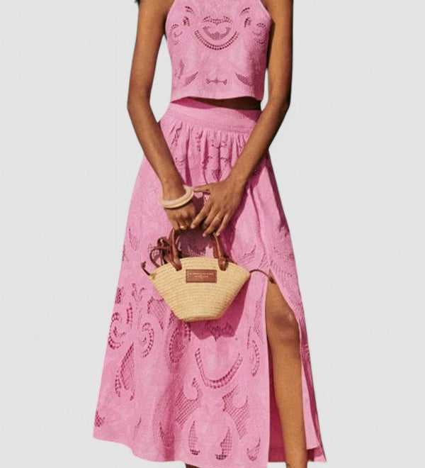 Pink lace sleeveless crop top and midi skirt set with front slit