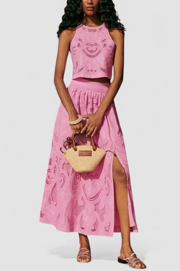 Pink lace sleeveless crop top and midi skirt set with front slit