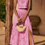Pink lace sleeveless crop top and long midi skirt set with side slit