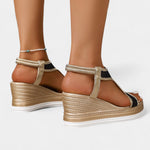 Women’s orthopedic platform wedge sandals, black-and-gold uppers with open toe, ankle strap