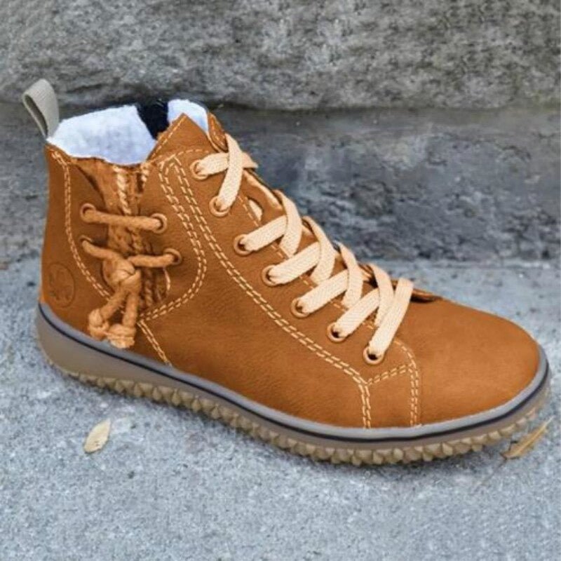 Nima women’s orthopedic winter footwear, tan lace-up high-top sneaker with thick tread sole