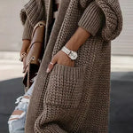 Brown taupe long knit cardigan with ribbed cuffs, open front, and side pockets