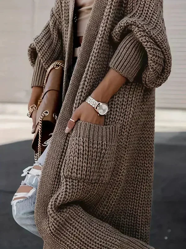 Brown taupe long knit cardigan with ribbed cuffs, open front, and side pockets
