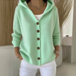 Hooded cardigan in mint green knit, button-front, hood and ribbed cuffs